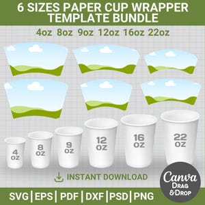 Puede incluir: Un paquete de plantillas para envoltorios de vasos de papel en seis tamaños: 4oz, 8oz, 9oz, 12oz, 16oz y 22oz. El diseño incluye ilustraciones de los envoltorios de vasos y los vasos correspondientes. El texto "6 SIZES PAPER CUP WRAPPER TEMPLATE BUNDLE" está en la parte superior.