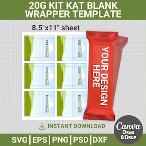 Könnte beinhalten: Vorlage für eine 20g Kit Kat Schokoriegel-Verpackung. Das Design umfasst ein Blatt mit sechs leeren Verpackungsvorlagen und einen roten Verpackungs-Mockup mit dem Text "YOUR DESIGN HERE". Das Blatt misst 21,6 cm x 27,9 cm. Sofort-Download.