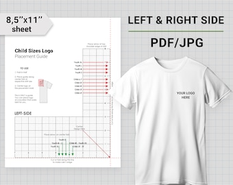 T-shirt borduren op kindermaat, plaatsingsgidsen logo, links en rechts, liniaal voor plaatsing borduursel, pdf, jpeg, direct downloaden