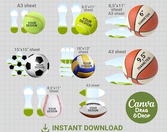 Sportbal paneelsjabloon, BUNDEL, basketbalpaneel, voetbalpaneel, doe-het-zelf, aangepaste balwikkel, sublimatie, canvas, bewerkbaar, direct downloaden