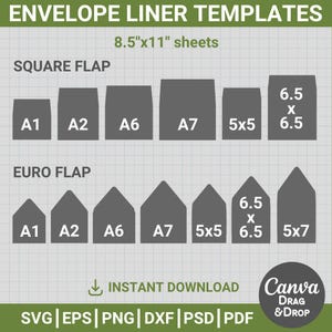 May include: An illustration of envelope liner templates with square and euro flaps. The templates are labeled A1, A2, A6, A7, 5x5, 6.5 x 6.5, and 5x7. The image includes the text "ENVELOPE LINER TEMPLATES" and "8.5"x11" sheets."