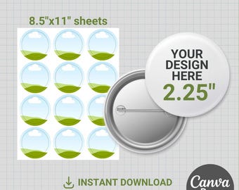 2.25'' Button Pin Template, Button Pin Svg, Sublimation, Canva, Drag & Drop, Badge Circle Labels, blank template, png, Editable, digital