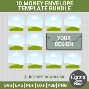 Puede incluir: Un paquete de plantillas digitales con diez diseños de sobres de dinero con una escena de paisaje y una nube. El texto "YOUR DESIGN" está en un sobre gris. El texto "10 MONEY ENVELOPE TEMPLATE BUNDLE" está en la parte superior. La imagen incluye "INSTANT DOWNLOAD" y "Canva DRAG & DROP".