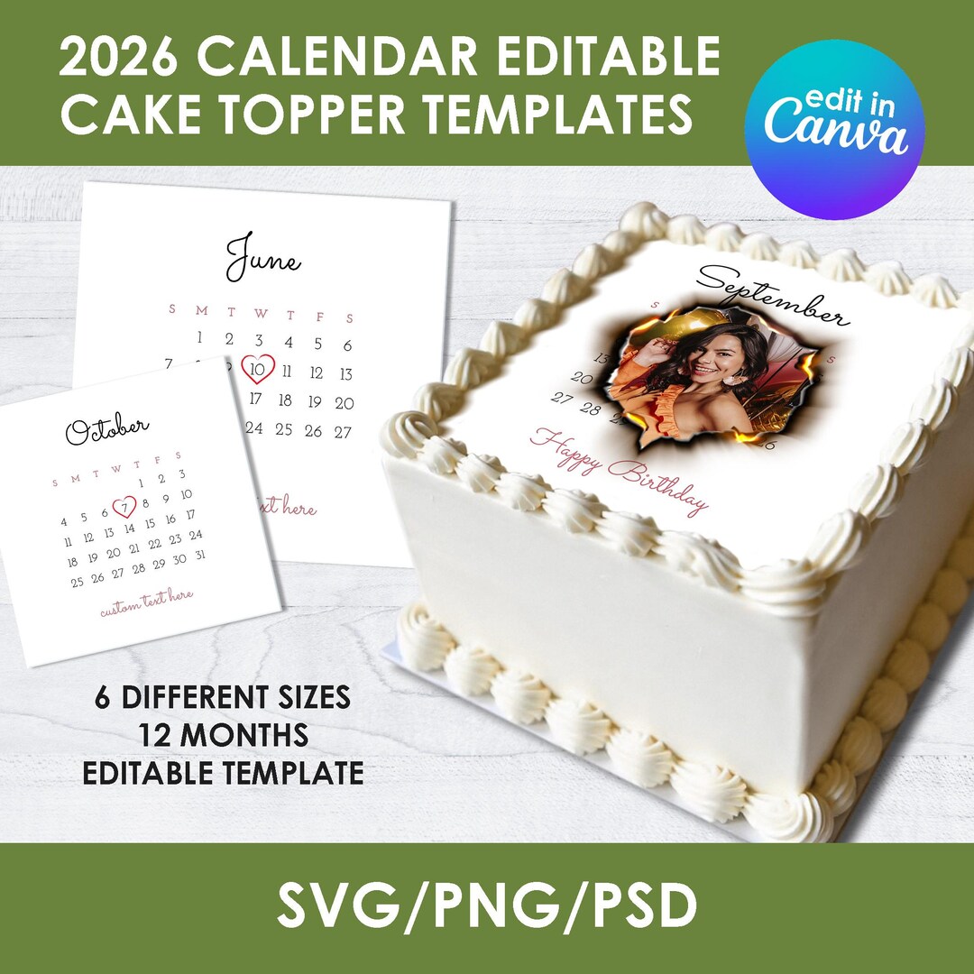 Generic Calendar Topper Custom Burn Away Cake Topper Calendar Template, Square Shape Cake ...