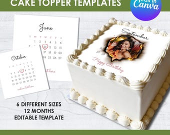 Aangepaste Burn Away cake topper kalendersjabloon, vierkante vorm cake topper, 2026 kalender, verjaardagstaart topper, canvas, svg, psd, png
