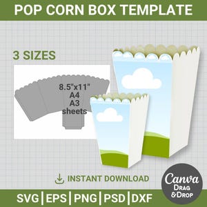 Plantilla de caja de palomitas, paquete, plantilla en blanco para caja de refrigerios, bricolaje, regalos de fiesta, SVG, DXF, PNG, PSD, Canva, Cricut, arrastrar y soltar