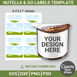 Puede incluir: Una plantilla para etiquetas Nutella & Go. El diseño incluye un recipiente con el texto "YOUR DESIGN HERE" y una hoja de etiquetas con gráficos de paisajes. El tamaño de la hoja es de 21,6 cm x 27,9 cm. Incluye opciones de descarga instantánea.
