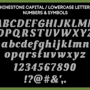 May include: A digital display of RHINESTONE CAPITAL / LOWERCASE LETTERS, NUMBERS & SYMBOLS on a black background. The characters are slanted and formed by a grid of small white dots, including the full alphabet in uppercase and lowercase, digits 0-9, and punctuation marks like ! ? @ # & ' , .