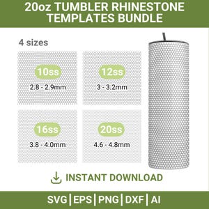 Puede incluir: Paquete de plantillas digitales para vasos de 20 oz con diseños de pedrería. Incluye cuatro tamaños: 10ss (2,8-2,9 mm), 12ss (3-3,2 mm), 16ss (3,8-4,0 mm) y 20ss (4,6-4,8 mm). Descarga instantánea.
