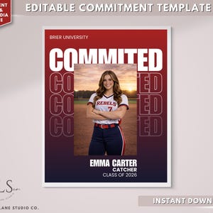 Softball Commitment Poster Template Canva, Editable College Commitment Announcement, Athlete Signing Post, Social Media + Print Template