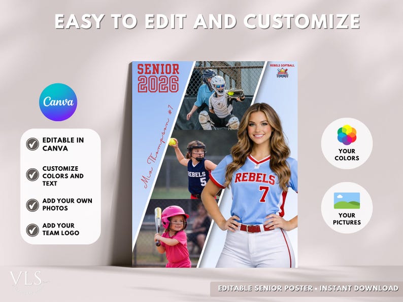 May include: Softball senior poster design in light blue and red. The poster shows a young woman in a Rebels softball uniform, plus action shots of other players. Text includes "Senior 2026" and "Mia Thompson #7". The design is editable in Canva.