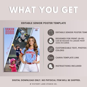 May include: An editable senior poster template in light blue and red. The design includes photos of softball players and the text "Senior 2026". It's designed for 20x25 cm prints and is customisable in Canva, with instructions included.