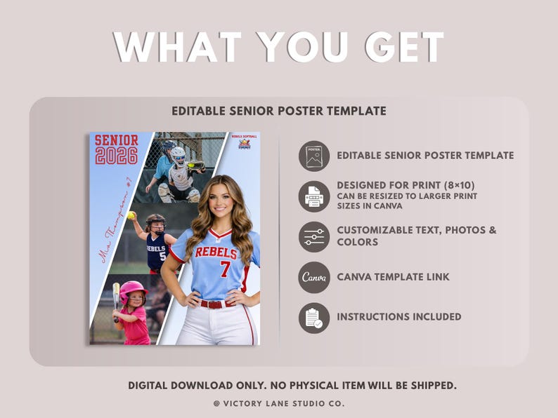 May include: An editable senior poster template in light blue and red. The design includes photos of softball players and the text "Senior 2026". It's designed for 20x25 cm prints and is customisable in Canva, with instructions included.