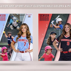 May include: Softball senior banner design with photos, text, and team colours. The banner includes the text "Senior 2026" and player names. Fully customisable for any sport.