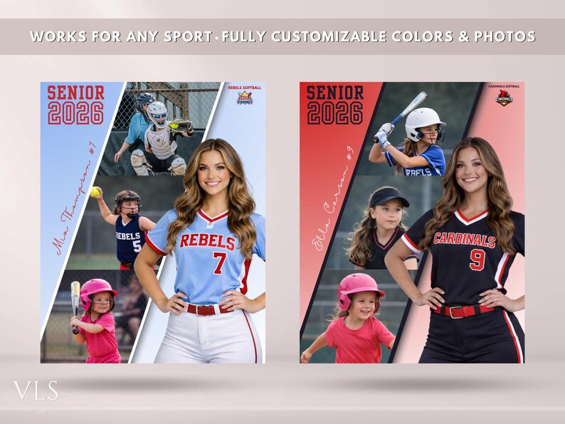 May include: Softball senior banner design with photos, text, and team colours. The banner includes the text "Senior 2026" and player names. Fully customisable for any sport.