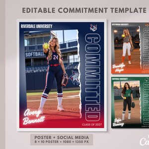 Puede incluir: Una plantilla de compromiso editable para redes sociales y pósteres con una jugadora de sóftbol en un campo. El diseño incluye el texto Riverdale University, Committed, Class of 2027 y Avery Bennett con un degradado azul y rojo.