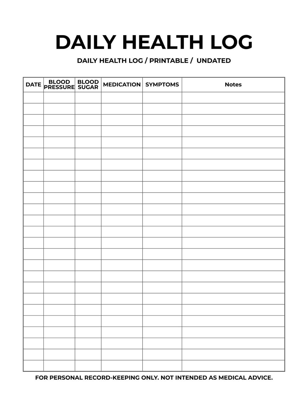 Health Log Printable for Daily Use / All-in-one Health Log Sheet ...