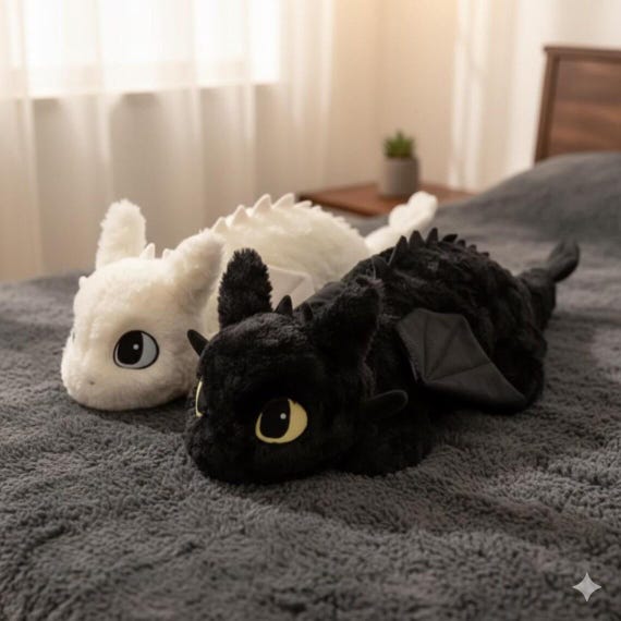 Night Fury Dragon Plush Toy – Giant Toothless Inspired Plushie Pillow – Black / White – 55cm 70cm