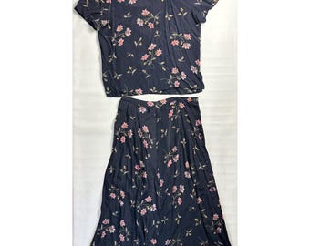 Jones New York Vintage Silk 2 Piece Set Floral Blouse Midi Skirt Sz 14/16 Navy