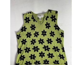 Joseph A. Y2K Silk Blend Daisy Floral V-Neck Sweater Vest Green Black Large