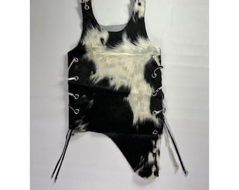 READ* Real Cowhide Y2K Sm Leather Vest Halter Style Lace Up Biker Western Rodeo