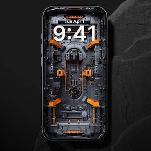 May include: A smartphone with a futuristic, mechanical-style wallpaper in shades of gray and orange. The lock screen displays the time, 9:41, and the date, Tuesday, April 1st. The phone is set against a dark, textured background.