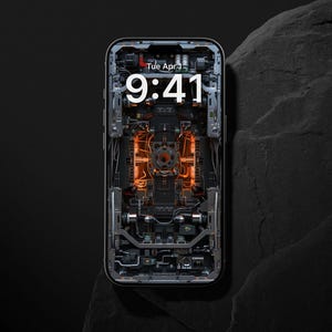 Könnte beinhalten: Ein Smartphone mit detaillierter Innenansicht, das komplizierte Schaltkreise und leuchtend orangefarbene Komponenten zeigt. Der Bildschirm zeigt die Uhrzeit 9:41 Uhr und den Tag Dienstag vor dunklem Hintergrund.