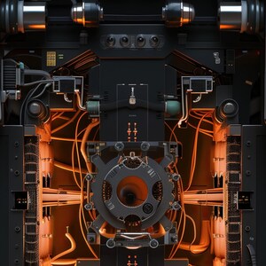 May include: A complex mechanical device featuring a central circular aperture surrounded by intricate black metal components and glowing orange internal wiring. The structure includes various digital displays, metallic knobs, and technical markings.