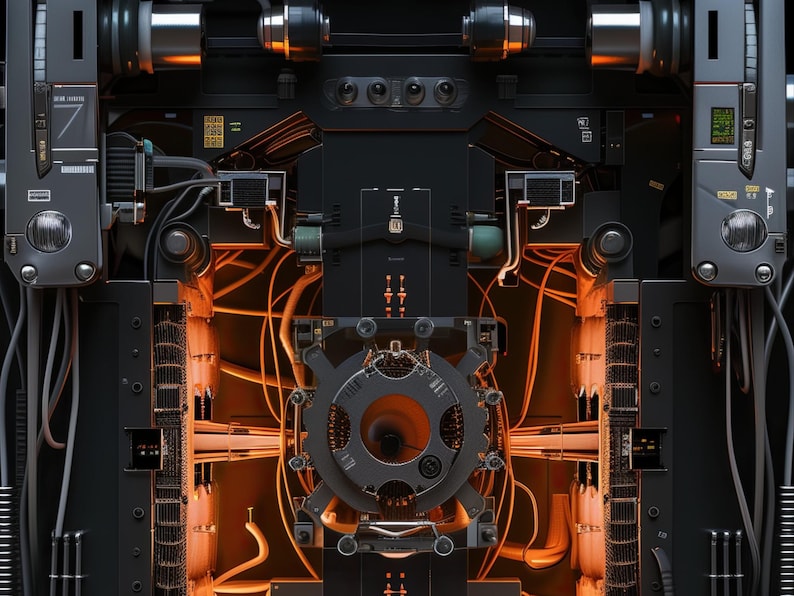 May include: A complex mechanical device featuring a central circular aperture surrounded by intricate black metal components and glowing orange internal wiring. The structure includes various digital displays, metallic knobs, and technical markings.