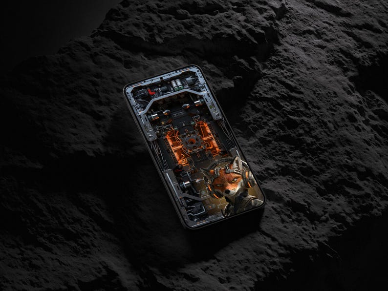 May include: A smartphone displaying a digital graphic of a fox wearing headphones against a complex mechanical background with orange glowing elements. The device features a dark frame and is positioned at an angle on a textured dark surface.