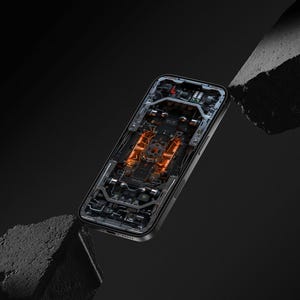 May include: A smartphone featuring a transparent back panel design that reveals intricate internal circuitry and mechanical components, highlighted by glowing orange light accents against a dark, textured, and angular geometric background.