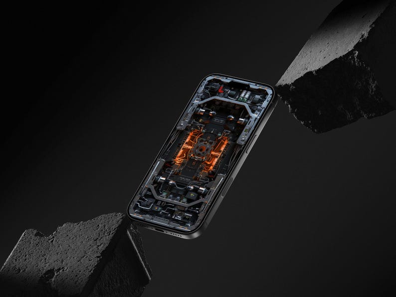 May include: A smartphone featuring a transparent back panel design that reveals intricate internal circuitry and mechanical components, highlighted by glowing orange light accents against a dark, textured, and angular geometric background.