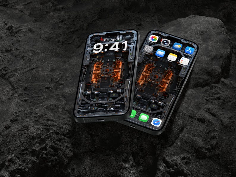 May include: Two smartphones with black frames and dark, intricate mechanical-style wallpapers featuring orange glowing internal components. The screens display a digital clock reading 9:41, date, and various app icons including camera, settings, and mail.
