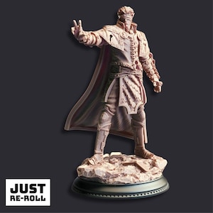 May include: A detailed figurine of a robed figure with a blindfold, cape, and ornate armor, standing on a rocky base. The figure is in a dynamic pose, with one arm raised in a gesture. The base has the text "JUST RE-ROLL".