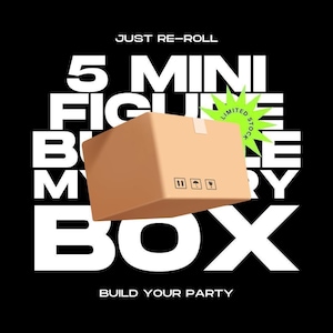 May include: A brown cardboard box with the text "5 MINI FIGURE MYSTERY BOX" in white, set against a black background. The box has shipping symbols and a "LIMITED STOCK" sticker. The phrase "BUILD YOUR PARTY" is at the bottom.