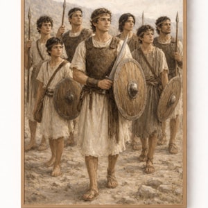 May include: A framed painting depicts a group of young men in ancient attire. They carry spears, swords, and shields, with some wearing leather armor. The artwork has a muted color palette, suggesting a historical or biblical theme.