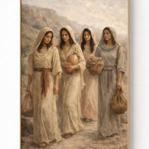 May include: A framed painting showing four women in long robes and headscarves, walking along a path. They carry items like a jug and sacks. The artwork uses muted, earthy tones and soft lighting, producing a calm and peaceful scene.