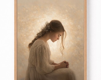 Young Woman Praying Wall Art, Christian Prayer Artwork, Devotional Christian Bedroom Decor, Neutral Prayer Room Decor Printable