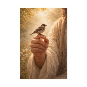 Zijn oog is op de mus gericht | Printbare muurdecoratie met de tekst uit Mattheüs 10 | Christelijke Jezus-decoratie | LDS-woondecoratie