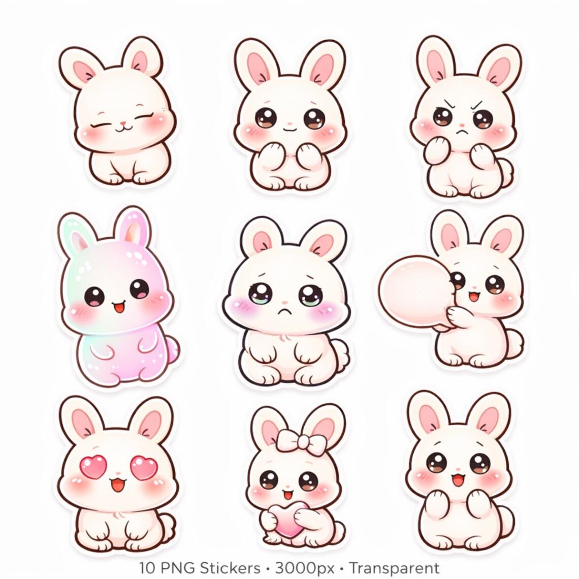 Kawaii Bunny Clipart • Chibi Rabbit Stickers, 10 PNG Bundle (digital ...