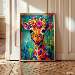 Può includere: Una stampa artistica da parete rettangolare in una cornice dorata che presenta un vivace dipinto a olio in stile impasto di una giraffa che indossa una corona floreale colorata. L'opera usa tratti audaci e saturi di blu, giallo, rosa e arancione.