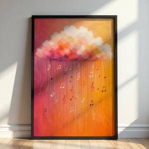 Könnte beinhalten: Gerahmter Kunstdruck mit einer Wolke, die Noten regnen lässt. Das Kunstwerk verwendet eine warme Farbpalette aus Orange, Gelb und Rosa. Die Noten sind in verschiedenen Farben und Größen gehalten und schaffen ein skurriles und künstlerisches Design.