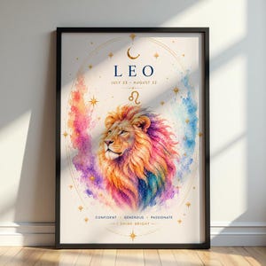 Könnte beinhalten: Gerahmter Kunstdruck mit dem Sternzeichen Löwe, mit einer farbenfrohen Aquarellillustration eines Löwenkopfes. Der Druck enthält das Wort "LEO", Daten und das Löwen-Symbol, mit den Worten "Confident, Generous, Passionate" darunter.