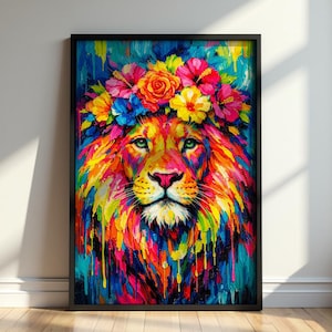 Colorful Lion Wall Art Floral Crown Animal Print Vibrant Boho Decor Modern Statement Poster Living Room Aesthetic Printable Download