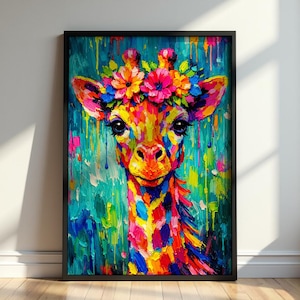Färgglad giraff väggkonst blommig djurmålning söt barnrumsinredning barnrumsaffisch lekfull estetik utskrivbar nedladdning presentidé dekoration