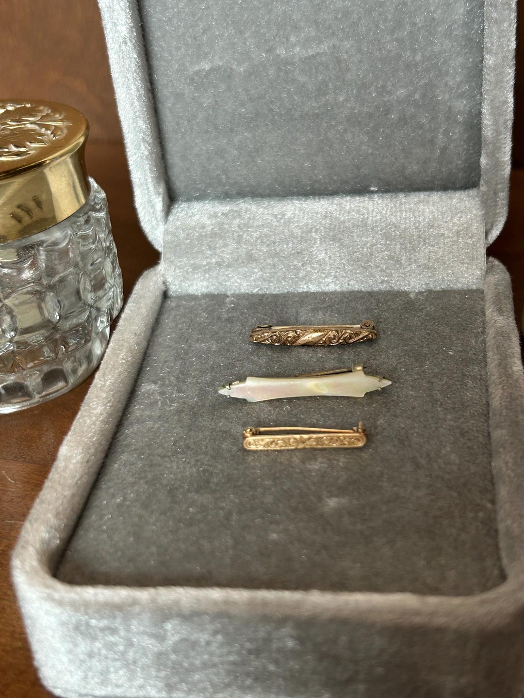 Lot of 3 Antique Bar Pins - 1 in 10k Gold, 1 in Mother of Pearl, 1 in ...