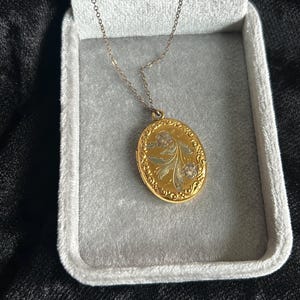 Può includere: Un ciondolo a medaglione ovale color oro sospeso a una sottile catenina abbinata. Il medaglione presenta un intricato motivo floreale in rilievo sulla parte anteriore, con un bordo dorato lucido e un design a foglie e fiori color argento.