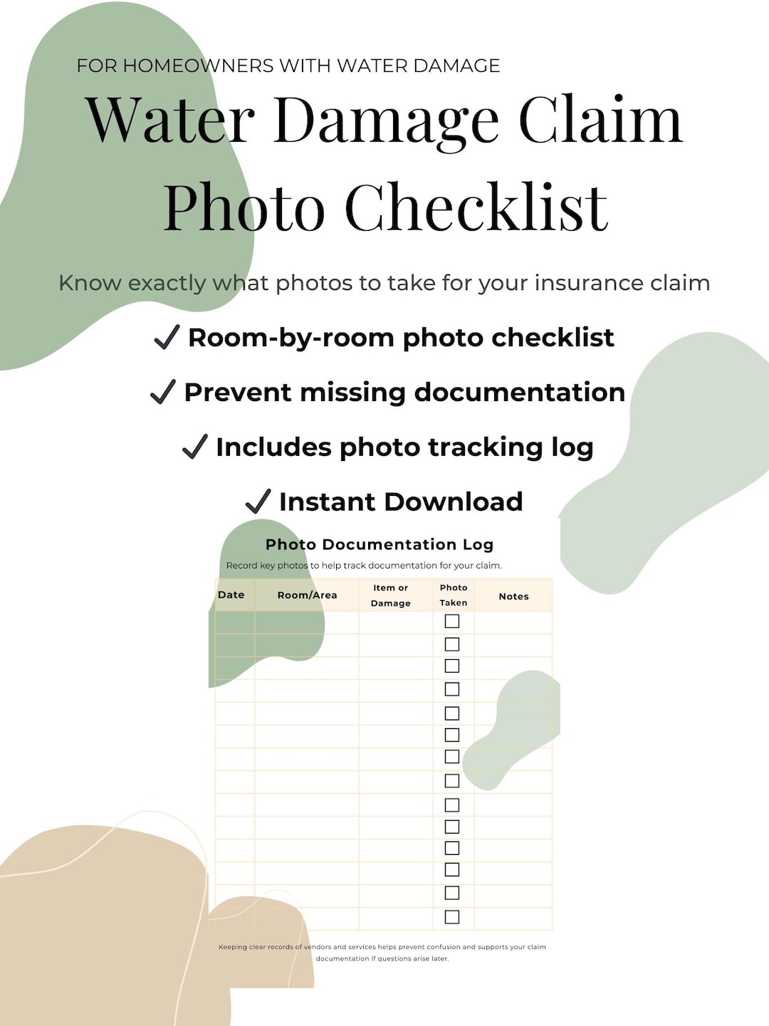 Water Claim Script Water Damage Claim Photo Checklist | Insurance Documentation Log ...