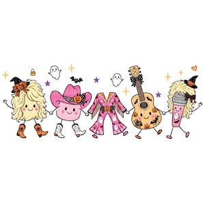 May include: A cartoon illustration featuring five characters holding hands: a blonde figure in a witch hat and orange boots, a pink cowboy hat, a pink fringed jumpsuit, an acoustic guitar, and a microphone, all decorated with pumpkins and ghosts.
