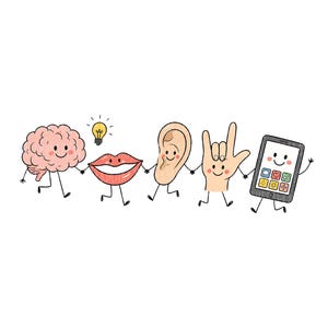 Puede incluir: Una ilustración de dibujos animados de cinco personajes antropomórficos tomados de la mano: un cerebro rosa con una bombilla, labios rojos, una oreja color carne, una mano haciendo un gesto y un teléfono inteligente negro con iconos.